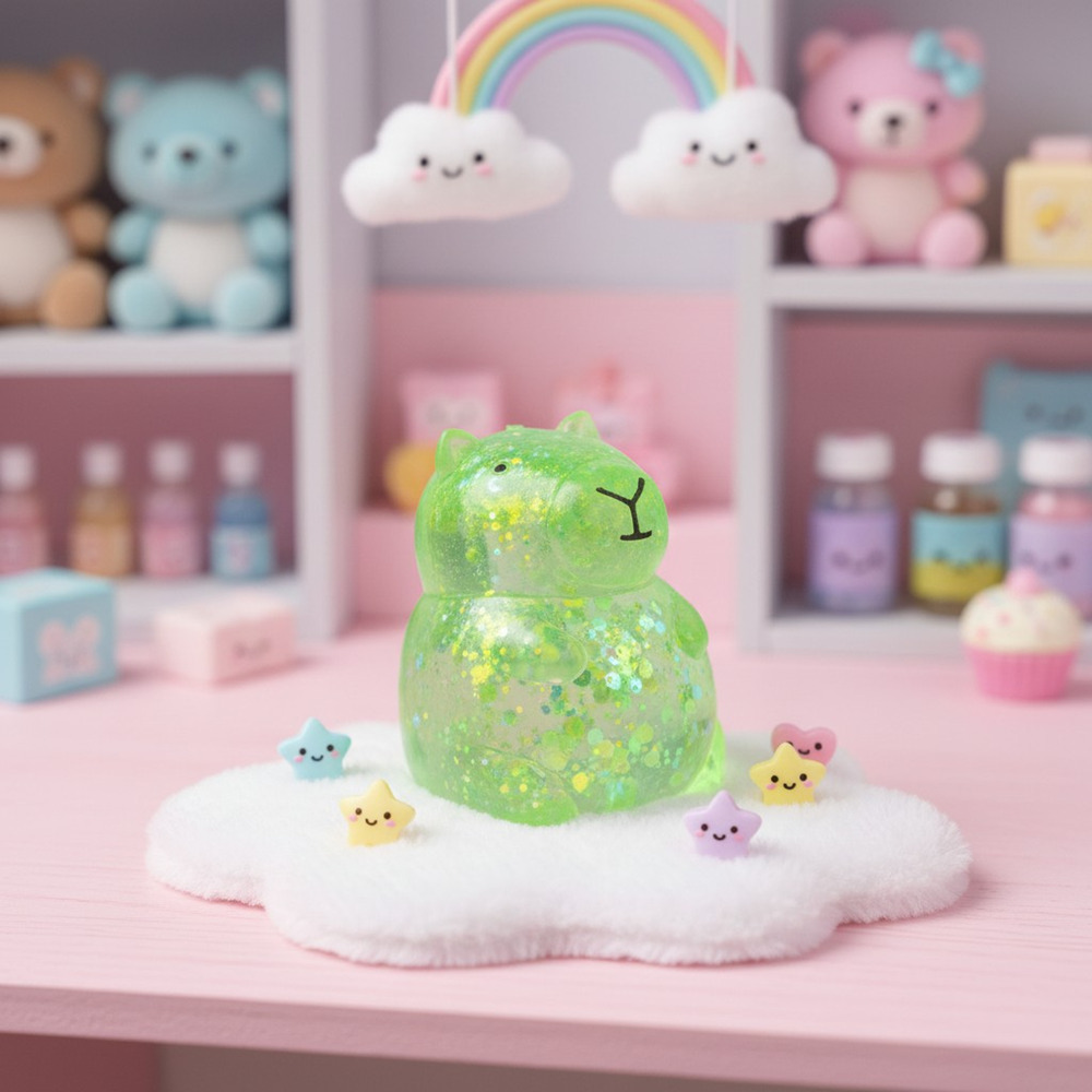 New Sparkly Capybara Green Glitter Puffs Squishy Fidget Toy Keycraft Kawaii 3"